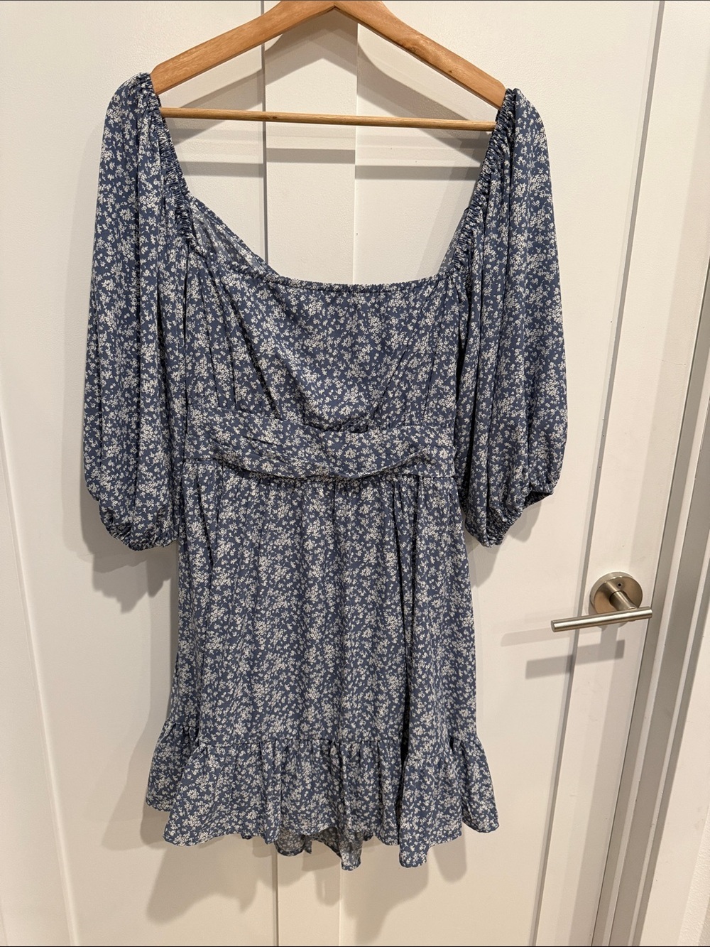 She + Sky Navy Blue ditsy Floral Puff-Sleeve Mini Dress